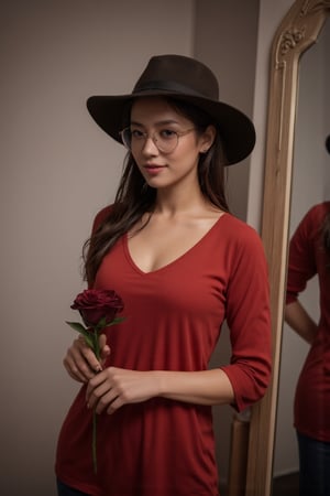 High resolution photo, 4K resolution, cinematic lighting, a 22-year-old Thai girl wearing a deep V-neck shirt with crop top, a thin fabric, a light red color, looking in the mirror, looking at her face like a young girl. She has a beautifully shaped body through the reflection of the clear light. Her right hand holds a dark red rose, wears a wide-brimmed hat, wears glasses, smiles slightly, full body photo, she wears high heels.