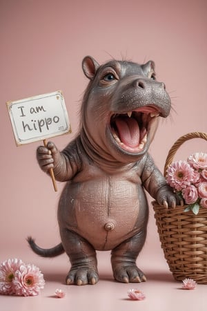 Anime image of a cute baby hippo with big sparkling eyes, opening its mouth to greet cutely, standing on two legs with a sign in its hand that says "I am hippo" written on it, next to a basket of pink flowers, with pink flowers placed on the ground, pink tone.