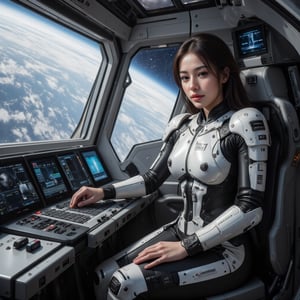 A lifelike 8K 3D render of a female mech pilot in an advanced cockpit, surrounded by holographic displays. Her sleek, futuristic armor integrates with her control systems, demonstrating her combat readiness in a busy urban environment. A wide-angle shot shows the cockpit area in detail. Outside the window, Earth can be seen in the distance, with a sky sparkling with stars.