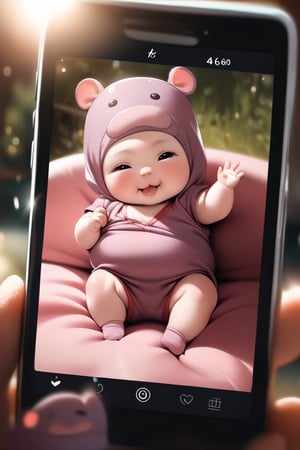 High-resolution 4K photo, cinematic lighting, baby hippo wearing a deep V-neck shirt, shiny red, waving a red flag, thin fabric, cute and adorable, a 6-month-old chubby hippo.