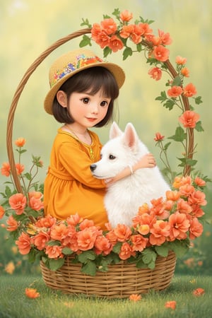 High Definition Cute Cartoon Girl Illustration. 4-year-old Thai girl wearing bright orange dress and hat is sitting in a flower basket full of red-orange flowers. She is crouching down to play with a fluffy white dog. Cartoon style.