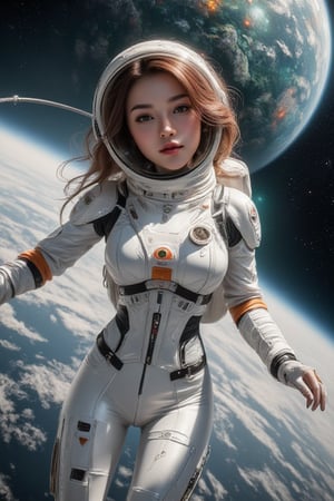 A digital artwork depicting a female astronaut floating in space, viewed from a dynamic angle slightly to the left. She wears a futuristic white translucent spacesuit with intricate details, including orange and silver accents, illuminated buttons, tubes, and control panels. The suit features smooth fabric sections and reflective metallic elements, giving it a sleek appearance. A circular device on her chest emits a green glow. The suit is charming her perfect body. Her helmet is white with a reflective visor encasing her face, showing vivid green eyes and voluminous curly hair in virbrant coral red color. The helmet's interior lights emit a mix of blue and orange hues, casting a soft teal light onto her face and creating a striking contrast with her bright green irises. The astronaut's expression is focused and determined as she looks directly at the viewer. A thin, flexible life-saving cable diagonally from the bottom left towards her body, appearing silver-gray with a ribbed texture. In the background, there is a large planet with Earth-like features, displaying vibrant green nebulous clouds interspersed with red spots. A blue and purple gradient line represents Earth's horizon. The vastness of space is filled with stars scattered across the dark backdrop, punctuated by faint planetary bodies visible near the horizon. The scene is dramatically lit with high contrast between illuminated areas and deep shadows, emphasizing the depth and scale of outer space. The overall composition creates a sense of adventure and wonder, capturing the essence of space exploration with its rich colors, intricate details, and sci-fi elements.