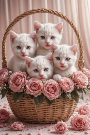 Anime picture of 3 cute kittens with big sparkling eyes, sitting and playing in a pink flower basket, with pink flowers placed on the floor, overflowing with pink tones.