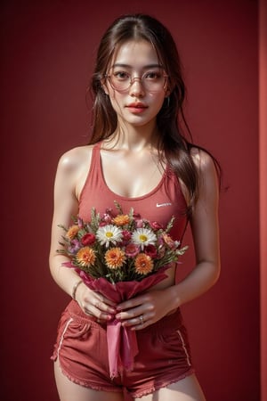 Masterpiece, excellent quality, realistic, 4K high-definition photo style. A 24-year-old cute Japanese woman, wearing a fiery red "Nike" sports bar and dark pink sports shorts, wearing pink tea-colored sunglasses, looking gorgeous, standing holding a bouquet of colorful flowers wrapped in bright pink paper, revealing her beauty. The background has a soft red tone, the tone is dark red at the edges, posing for a sexy photo shoot in ambush.