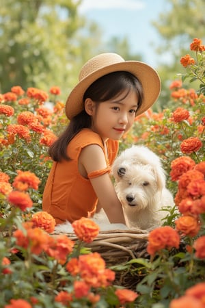 High Definition Cute Cartoon Girl Illustration. 14-year-old Thai girl wearing bright orange dress and hat is sitting in a flower basket full of red-orange flowers. She is crouching down to play with a fluffy white dog. Cartoon style.