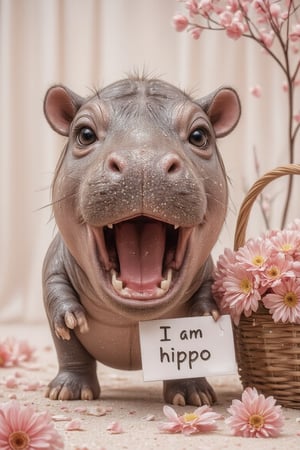 Anime image of a cute baby hippo with big sparkling eyes, opening its mouth to greet cutely, standing on two legs with a sign in its hand that says "I am hippo" written on it, next to a basket of pink flowers, with pink flowers placed on the ground, pink tone.