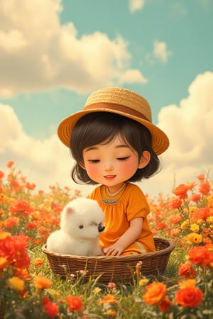 High Definition Cute Cartoon Girl Illustration. 4-year-old Thai girl wearing bright orange dress and hat is sitting in a flower basket full of red-orange flowers. She is crouching down to play with a fluffy white dog. Cartoon style.