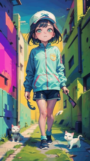 (masterpiece), 1girl, little girl wear cap walk with cats, walk in alley, fleece jacket, shorts, natural light,, animate in pixel art style, pixelart