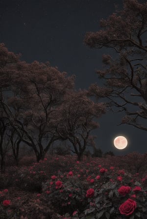 black roses, red moon, dried trees, dark atmosphere