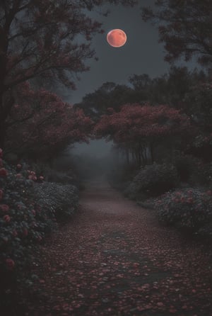 black roses, red moon, dried trees, dark atmosphere, beutiful butterfly