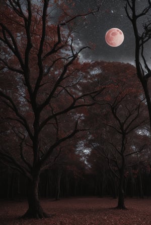 black roses, red moon, dried trees, dark atmosphere