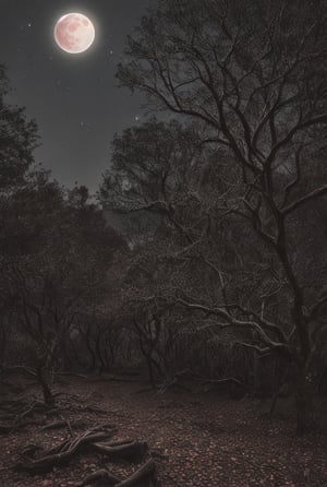 black roses, red moon, dried trees, dark atmosphere