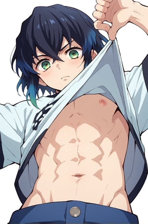 Gay, pulling up shirt, twink,white background, showing belly, bottom view, close up view,, anime style, , score_9_up, score_8_up, score_7_up, score_6_up,score_5_up,score_4_up,source_anime,BREAK,anime, twink, anime, twink,inosuke_hashibira, black hair, green eyes, blue hair, multicolored hair, bangs, short hair, hair between eyes, gradient hair,