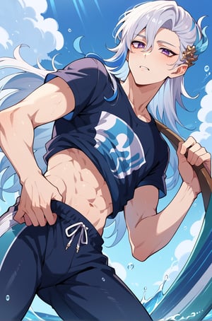 Gay, right shirt, twink,water background, bottom view, surf board, surfer, ,surf suit, swim suit, suit, look at viewer, pulling shirt up, holding surf board, anime style, strong, looking down, score_9_up, score_8_up, score_7_up, score_6_up,score_5_up,score_4_up,source_anime,BREAK, anime, twink, anime, twink,Neuvillette,Long Hair, White Hair, Blue Hair,Multicolored Hair, Purple Eyes,Feather Hair Ornament