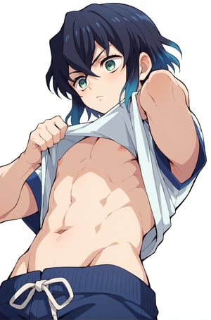 Gay, pulling up shirt, twink,white background, showing belly, bottom view, close up view,, anime style, , score_9_up, score_8_up, score_7_up, score_6_up,score_5_up,score_4_up,source_anime,BREAK,anime, twink, anime, twink,inosuke_hashibira, black hair, green eyes, blue hair, multicolored hair, bangs, short hair, hair between eyes, gradient hair,