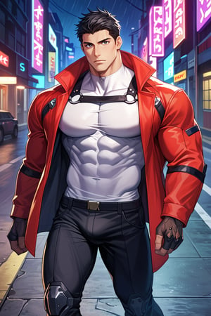 score_9, score_8_up, score_7_up, masterpiece, best quality, source_anime, perfect anatomy, (zPDXL3), perfect anatomy,
BREAK, 
front view, from above, solo, 1boy, muscular male, bara, song_taewon, black hair, short hair, black eyes, sideburn, huge crotch bulge, pectorals, cool expression, serious, walking, looking at viewer,
BREAK,
Cyberpunk Clothing, tight shirt, long coat, harness outside shirt, gloves, knee guard,  choker,
BREAK,
 street, raining, neon lighting, night, cyberpunk, shiny skin