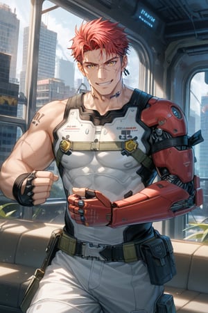 score_9, score_8_up, score_7_up, masterpiece, best quality, source_anime, (zPDXL3), detailed background, perfect proportion, perfect anatomy, negative_hand, 
BREAK,
solo, 1boy, bara, noctis_pgr, ntspgr reg hairstyle, short hair, red hair, yellow eyes, scar on face, neck tattoo, arm tattoo, muscular male, sleeveless armor, single mechanical arm, smirk, dynamic pose, single black fingerless glove,
BREAK, 
indoors, cyberpunk, scenery through windows