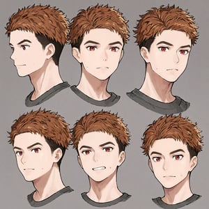 score_9_up, score_8_up, score_7_up, score_6_up, score_5_up, score_4_up, source_anime, detailed, masterpiece, perfect_proportion, (zPDXL3),
BREAK, 
six faces, separate faces, different expressions, reference sheet, expressions, multiple views, white background, countershading, solo, 1 male,
BREAK,
shinkai_soyogu, brown hair, red eyes