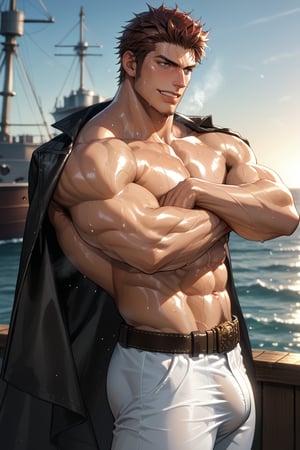 score_9, score_8_up, score_7_up, masterpiece, best quality, negative_hand, source_anime, shiny skin, wet skin, 
BREAK,
from side, solo, bara, manly muscular male, Napoleon Bonaparte, brown hair, blue eyes, short hair, sweating, (steaming body: 1.2), outgrowing armpit hair, excessive public hair, musculine expression, manly grin, looking afar, huge crotch bulge,
BREAK,
crossed arms, arms, white pants,  black coat on shoulders,  perfect abs, belt,
BREAK, 
outdoors, on deck of military ship, ocean view, vibrant reflection