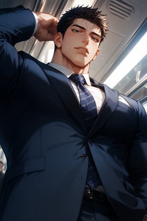 (score_9, score_8_up), score_7_up, (zPDXL3), negative_hand, 
BREAK, 
young muscular man looking down at viewer, from below, pectorals close-up, foreshortening, arm up, soft expression, half-closed eyes, 
BREAK,
1boy, solo, male focus, bara, song_taewon, black hair, short hair, very short hair, black eyes, sideburn, muscular male, office suit, tie between pectorals, 
BREAK,
train interior, null