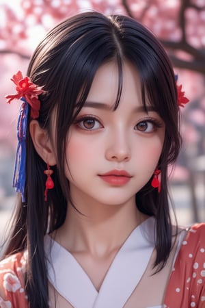 1girl, solo, looking at viewer, smile, bangs, black hair, hair ornament, red eyes, bow, jewelry, closed mouth, upper body, flower, earrings, outdoors, japanese clothes, pink eyes, kimono, blurry, tree, lips, parted bangs, eyelashes, makeup, depth of field, blurry background, floral print, cherry blossoms, tassel, hair rings, nose, branch