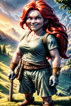 art by tim Burton and John Romita: A Frowning ((bearded woman)), female dwarf farmer, short, ((stocky)) muscular, with bright Grey eyes, long Red hair, red beard, Grey skin, ((beard)), Curly hair, soft features, ((Gap-toothed)), dressed in muted colors, on a hill
