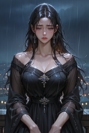 score_9, score_8_up, score_7_up, masterpiece, best quality, absurdres, very aesthetic, source_anime, detailed illustration, 8k UHD, (detailed background:1.1), looking at sky, 1girl, solo, beautiful face, crying, sad, black-hair, loose outfits, large dress, night sky, rain, under rain, head move above 