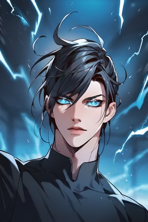 score_9, score_8_up, score_7_up, source_anime, masterpiece. best quality, absurdres, very aesthetic, perfect face, ((webtoon style)), kayden, 1boy, looking at viewer, black hair, blue eyes, black shirt, glowing eyes, blue aura, superpower, blue electricity power, hand up