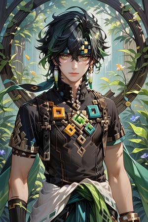 score_9, score_8_up, score_7_up, masterpiece, best quality, absurdres, very aesthetic, source_anime, detailed illustration, 8k UHD, (detailed background:1.1), looking at viewer, 1boy, solo,Kinich,black hair,green hair,multicolored hair,green eyes,yellow eyes,gradient eyes,headband,short sleeves,clothes around waist,earrings,natlanboy1