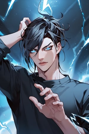 score_9, score_8_up, score_7_up, source_anime, masterpiece. best quality, absurdres, very aesthetic, perfect face, ((webtoon style)), kayden, 1boy, looking at viewer, black hair, blue eyes, black shirt, glowing eyes, blue aura, superpower, blue electricity power, hand up