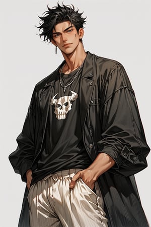 score_9, score_8_up, score_7_up, rating_safe, source_anime, detailed illustration, 8K UHD, alone, 1 boy, solo, black hair, short hair, black eyes, large shirt, large pants, loose outfit, fingers detailed, both hands in his pocket, black coat in his shoulders, handsome face