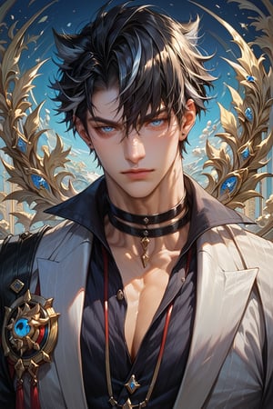 score_9, score_8_up, score_7_up, masterpiece, best quality, absurdres, very aesthetic, source_anime, detailed illustration, 8k UHD, (detailed background:1.1), looking at viewer, 1boy, solo, handsome face,wriothesley,black hair,short hair,multicolored hair,blue eyes