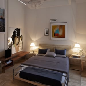 double room in a flat in Barcelona, double bed,double bed, nightstands, pop paintings hanging on the wall, bookcase, warm colored bedding with cushions, wooden floor 