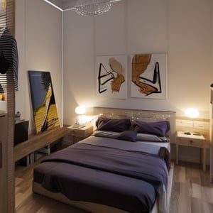 double room in a flat in Barcelona, double bed,double bed, nightstands, pop paintings hanging on the wall, bookcase, warm colored bedding with cushions, wooden floor 