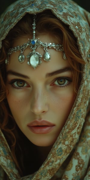 Cinematic style, film still, high quality, high contast. A close-up portrait of a beautiful woman with piercing green eyes, wearing an ornate headpiece with silver pendants, gemstone beads, and chain. Her veil features intricate earth tone patterns inspired by the iconic designs of Ming Dynasty Chinese vases. highly detailed. blushing, detailed skin, subtle freckles, reddish brown hair, wavy hair, strand of hair running over her face. Her face was partially obscured by shadow. Deep shadow, depth of field, film_grain, grainy.
BREAK,Midjourneyart,Fantasy detailers 