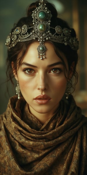 Cinematic style, film still, high quality, high contast. A close-up portrait of a beautiful woman with piercing green eyes, wearing an ornate headpiece with silver pendants, gemstone beads, and chain. Her veil features intricate earth tone patterns inspired by the iconic designs of Ming Dynasty Chinese vases. highly detailed. blushing, detailed skin, subtle freckles, reddish brown hair, wavy hair, strand of hair running over her face. Her face was partially obscured by shadow. Deep shadow, depth of field, film_grain, grainy.
BREAK,Midjourneyart,Fantasy detailers 