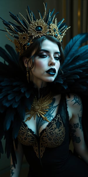 Cinematic style, film still, high quality. Using black and gold colors create a realistic and highly detailed scene. an epic scene of a sexy pale white goth girl underclothed in a black sheer dress with intricate, glamorous circuit-like gold ornaments. Her dress was adorned with raven feathers on the shoulders, creating a fan-like structure behind her head. ((dark smoky eyeshadows, black lipstick, run-down eyeliner as if she was just crying)). a complex, baroque-inspired crown adorned her head with gold and indigo decorative details, rough style. an cyan light highlighting her elegance, creating a deep shadow and accentuating the gold ornaments. BREAK

edenivy,tattoos,Fantasy detailers 