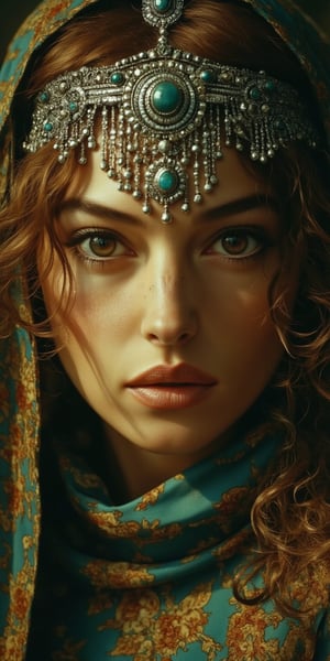 Cinematic style, film still, high quality, high contast. A close-up portrait of a beautiful woman with piercing green eyes, wearing an ornate headpiece with silver pendants, gemstone beads, and chain. Her veil features intricate earth tone patterns inspired by the iconic designs of Ming Dynasty Chinese vases. highly detailed. blushing, detailed skin, subtle freckles, reddish brown hair, wavy hair, strand of hair running over her face. Her face was partially obscured by shadow. Deep shadow, depth of field, film_grain, grainy.
BREAK,Midjourneyart,Fantasy detailers 