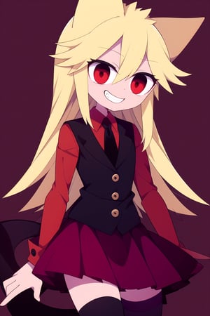 1girl, solo, long hair, blonde hair, simple background, red eyes, long black sleeves, animal ears, tail, cowboy shot, pleated skirt, grin, vest, red skirt, (red shirt), black necktie, long black stockings, black boots, maid_headband, maid_costume, alternate_outfit, maid_dress, maid_uniform