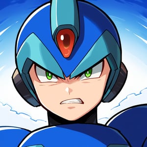  score_9_up, score_8_up, score_7_up,source_anime, 1boy, solo, male focus, X_megamanX, helmet, android, blue armor, green eyes, Angry, pissed off, upper body, looking_at_viewer,Eyes,Beautiful eyes,ani_booster,disgusted face, destroyed city background