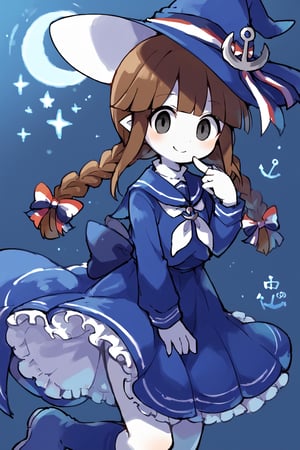 score_9_up, score_8_up, score_7_up,source_anime,1girl, solo, DSP, wadanohara, oounabara to wadanohara,wadawitch, blue dress, witch h, size difference, very white skin, black eyes,good_hands, smile, happy, looking_at_viewer, hand_up, Greeting