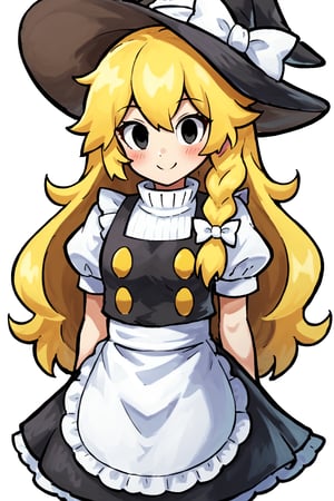 1girl, solo, long hair, looking at viewer, blush, smile, bangs, skirt, blonde hair, simple background, shirt, hat, bow, black eyes, white shirt, braid, short sleeves, hair bow, puffy sleeves, black skirt, star \(symbol\), apron, vest, puffy short sleeves, single braid, black headwear, witch hat, buttons, turtleneck, white bow, hat bow, waist apron, white apron, side braid, black vest, kirisame marisa,Mario1024