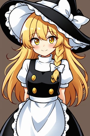 1girl, solo, long hair, looking at viewer, blush, smile, bangs, skirt, blonde hair, simple background, shirt, hat, bow, yellow eyes, white shirt, braid, short sleeves, hair bow, puffy sleeves, black skirt, star \(symbol\), apron, vest, puffy short sleeves, single braid, black headwear, witch hat, buttons, turtleneck, white bow, hat bow, waist apron, white apron, side braid, black vest, kirisame marisa