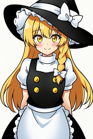 1girl, solo, long hair, looking at viewer, blush, smile, bangs, skirt, blonde hair, simple background, shirt, hat, bow, yellow eyes, white shirt, braid, short sleeves, hair bow, puffy sleeves, black skirt, star \(symbol\), apron, vest, puffy short sleeves, single braid, black headwear, witch hat, buttons, turtleneck, white bow, hat bow, waist apron, white apron, side braid, black vest, kirisame marisa