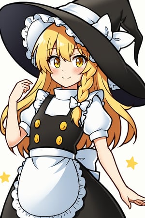 1girl, solo, long hair, looking at viewer, blush, smile, bangs, skirt, blonde hair, simple background, shirt, hat, bow, yellow eyes, white shirt, braid, short sleeves, hair bow, puffy sleeves, black skirt, star \(symbol\), apron, vest, puffy short sleeves, single braid, black headwear, witch hat, buttons, turtleneck, white bow, hat bow, waist apron, white apron, side braid, black vest, kirisame marisa