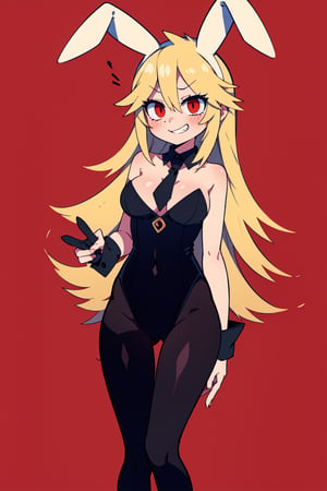 1girl, solo, long hair, blonde hair, simple background, red eyes, animal ears, tail, cowboy shot, pleated, grin, vest, black necktie, long black stockings, black boots, from the front, full body, masterpiece,mogeko castle, animal_ears, 1girl, bunny_ears, pantyhose, bunnysuit, wrist_cuffs, solo, big boobs, looking_at_viewer, bare_shoulders, detached_collar, red_neckwear, black_leotard, leotard, indoors, bare_arms, eyebrows_visible_through_hair, short_hair, blush, thigh_gap, standing, cleavage, bow, black_legwear, covered_navel, strapless, hair_between_eyes, hairband, thighs, hand_on_own_chest, bangs, cowboy_shot, medium_breasts, alternate_costume, collarbone