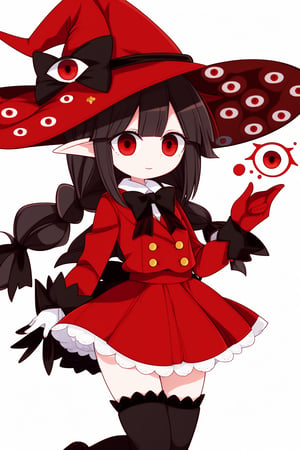 (masterpiece, high quality, highres:1),1girl,solo, ,wadared,witch hat,long hair,red bow,extra eyes,eye print,red gloves,black thighhighs,red skirt, pointy_ears, very white skin,Mog3ko, looking_at_viewer