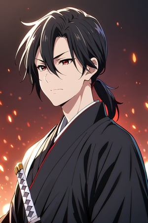 black hair, red eyes, 1 boy, hair between eyes, mouth closed, upper body, male focus, Japanese clothing, sword, kimono, black kimono, hair in a ponytail.