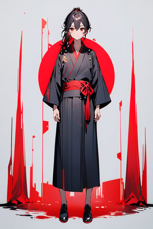 Black-haired boy tied in a ponytail, red eyes, black yukata, full body.