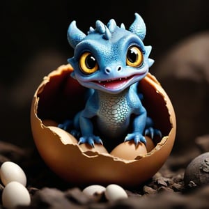 Make a realistic photo of a cute baby dragon that hatched and coming out of cracked egg, cute big eyes, realistic eyes